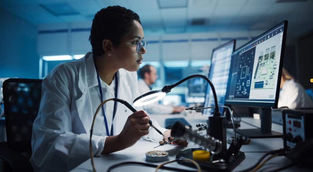 Engineer sautering a motherboard