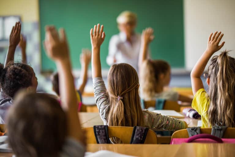 Back view of elementary students raising their arms on a class.